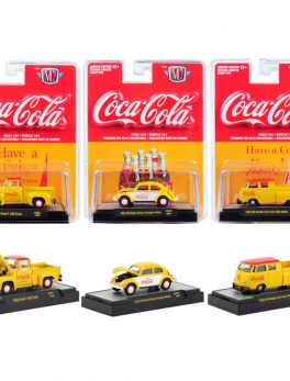 Coca-Cola Set of 3 Cars Yellow Release 2 Limited Edition to 9600 pieces Worldwide Hobby Exclusive 1/64 Diecast Model Cars by M2 Machines 52500-YR02