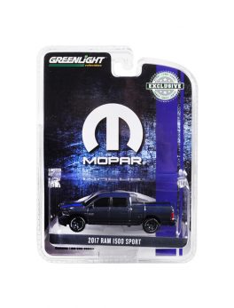 2017 RAM 1500 Sport Pickup Truck with Bed Cover Metallic Dark Blue and Blue Stripe MOPAR Hobby Exclusive 1/64 Diecast Model Car by Greenlight 30013