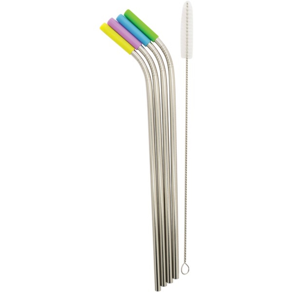 Starfrit 092847-006-0000 Stainless Steel Reusable Straws with Silicone Tips, 4-Pack (Angled)