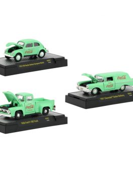 Coca-Cola Green Set of 3 Cars Limited Edition to 4800 pieces Worldwide Hobby Exclusive 1/64 Diecast Model Cars by M2 Machines 52500-GG01