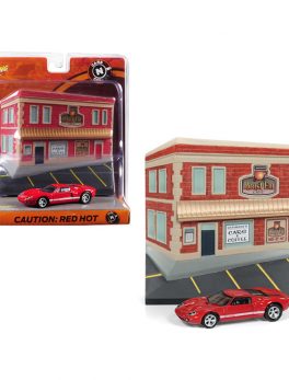 2005 Ford GT Red with Resin Cafe Front Facade Cars and Coffee Diorama 1/64 Diecast Model Car by Johnny Lightning JLDR004-CAFE