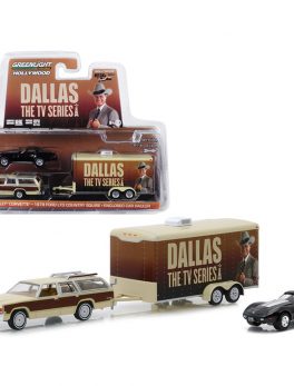 1979 Ford LTD Country Squire Wagon with 1978 Chevrolet Corvette and Enclosed Car Hauler Dallas (1978-1991) TV Series Hollywood Hitch and Tow Series 6 1/64 Diecast Models by Greenlight 31070C