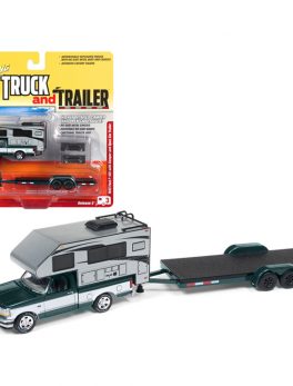 1993 Ford F-150 Metallic Green with Silver Camper and Chrome Open Car Trailer Limited Edition to 3,964 pieces Worldwide Truck and Trailer Series 3 1/64 Diecast Model Car by Johnny Lightni JLBT008/JLSP036B