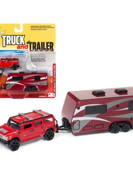 2004 Hummer H2 Red with Dark Red Camper Trailer Limited Edition to 4,000 pieces Worldwide Truck and Trailer Series 3 1/64 Diecast Model Car by Johnny Lightning JLBT008-JLSP037B