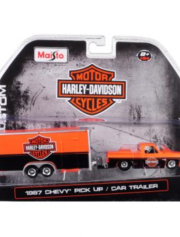 1987 Chevrolet Pickup Truck with Enclosed Car Trailer Orange and Black Harley Davidson 1/64 Diecast Model Car by Maisto 15363-HD1
