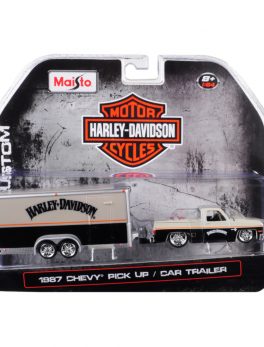1987 Chevrolet Pickup Truck with Enclosed Car Trailer Pearl Beige/ Silver and Black Harley Davidson 1/64 Diecast Model Car by Maisto 15363-HD2