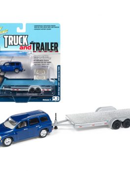 2006 Chevrolet HHR Daytona Blue with Chrome Open Car Trailer Limited Edition to 3,604 pieces Worldwide Truck and Trailer Series 3 1/64 Diecast Model Car by Johnny Lightning JLBT008-JLSP035A