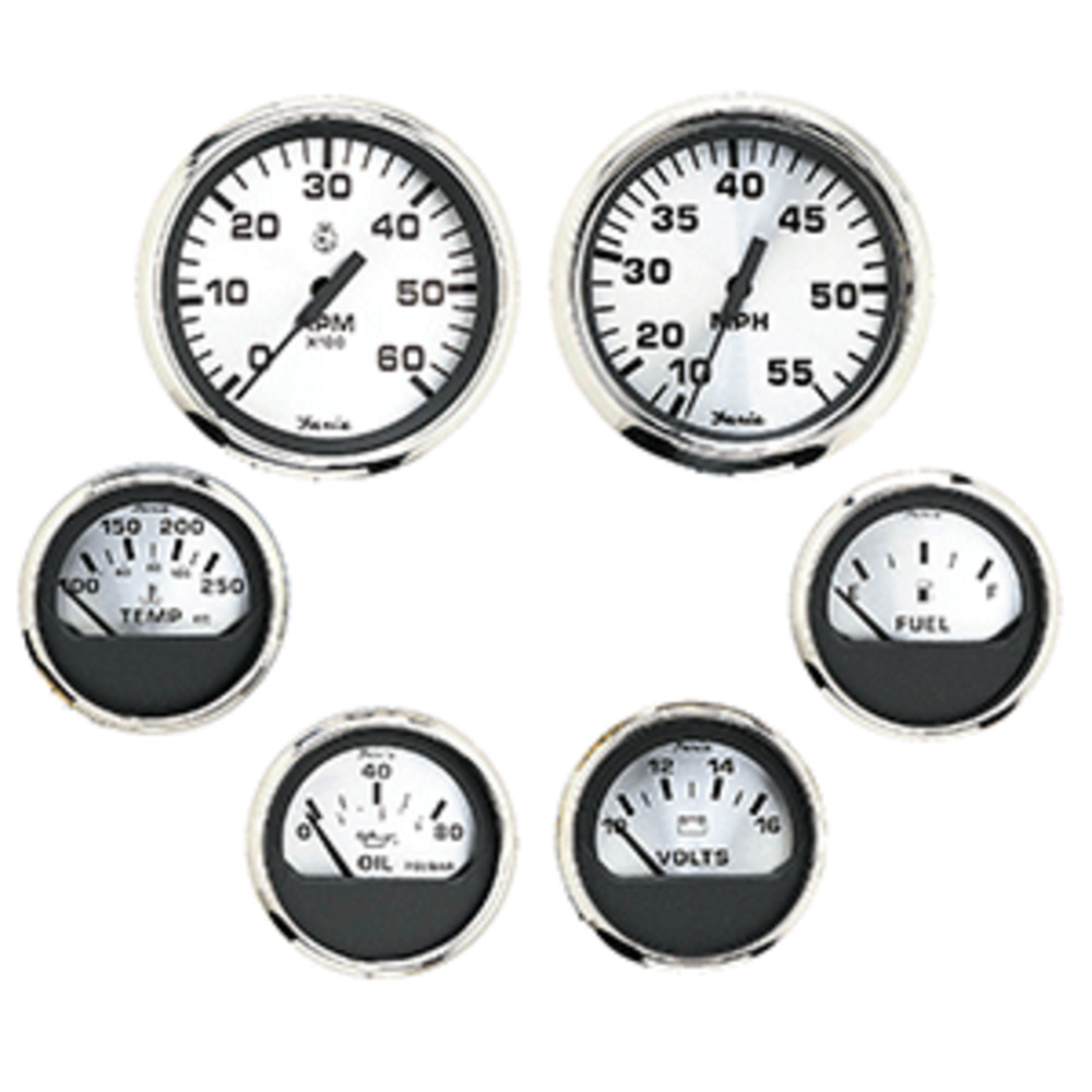 Faria Spun Silver Box Set of 6 Gauges f/ Inboard Engines - Speed, Tach, Voltmeter, Fuel Level, Water Temperature and amp; Oil