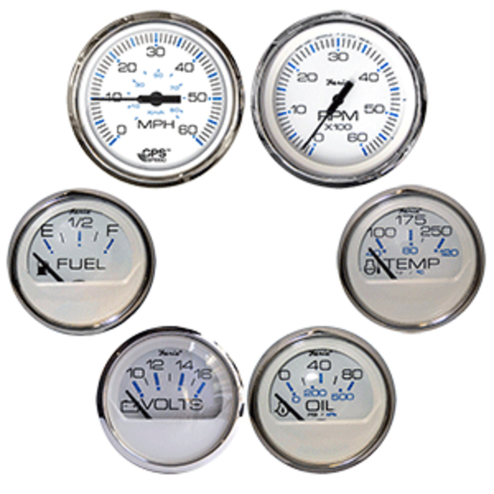 Faria Chesapeake White w/Stainless Steel Bezel Boxed Set of 6 - Speed, Tach, Fuel Level, Voltmeter, Water Temperature and amp; Oil PSI