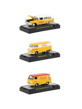 Coca-Cola Yellow Set of 3 Cars Limited Edition to 4800 pieces Worldwide Hobby Exclusive 1/64 Diecast Models by M2 Machines 52500-YR01