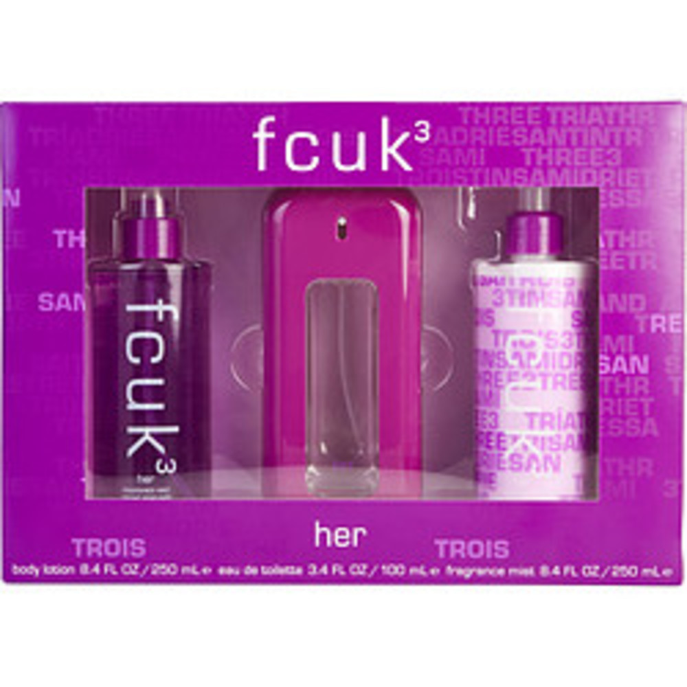 Fcuk 3 Edt Spray 3.4 Oz and Body Lotion 8.4 Oz and Fragrance Mist 8.4 Oz For Women