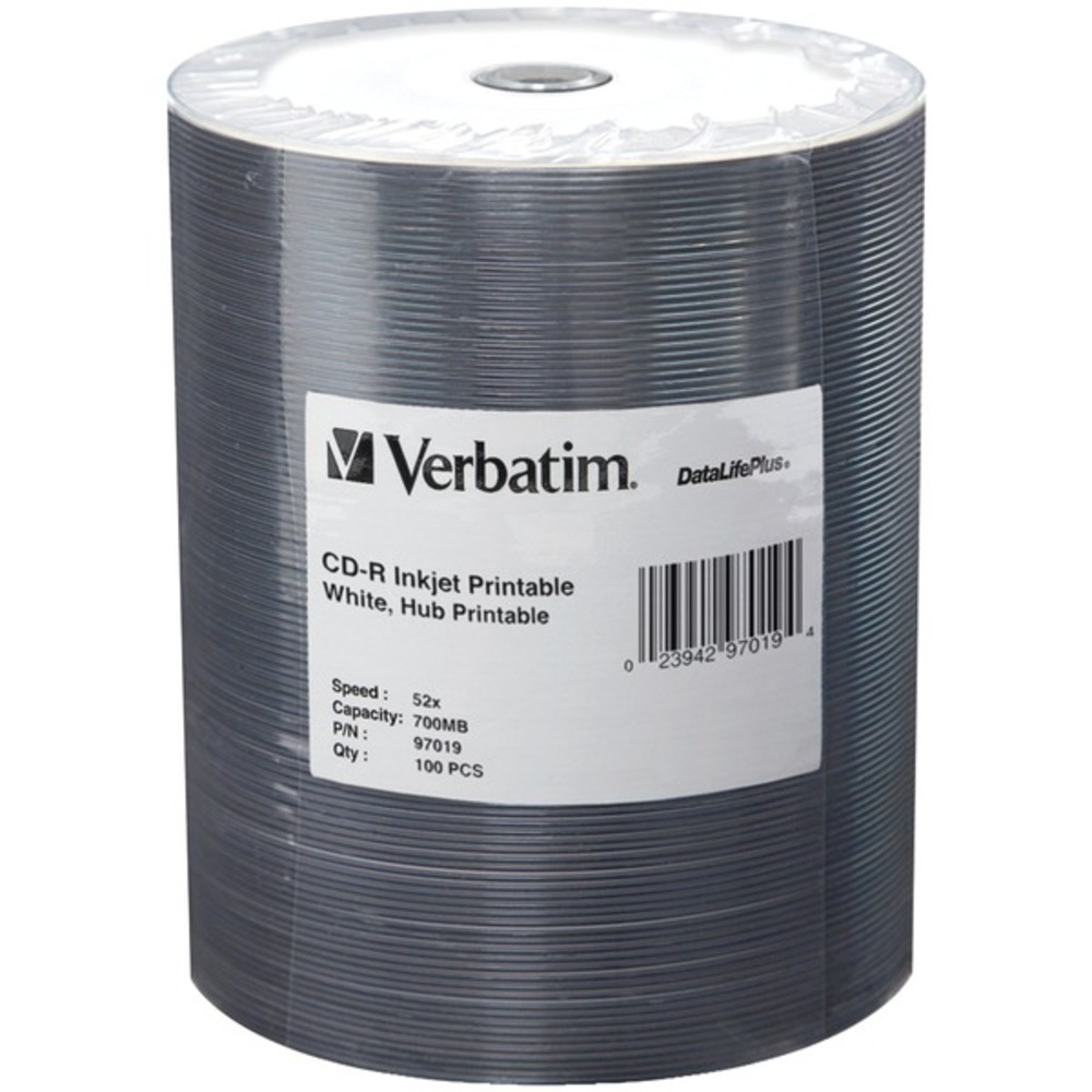 Verbatim 97019 80-Minute/700MB 52x DataLifePlus White Inkjet Hub Printable CD-Rs, Wrapped 100 pk