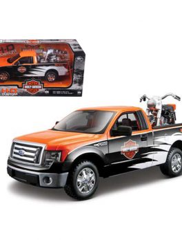 2010 Ford F-150 STX Harley Davidson Orange/White/Black 1/27 and 1/24 1958 FLH Duo Glide Motorcycle by Maisto 32173or/w/bk