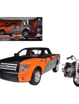2010 Ford F-150 STX Orange/Black/Silver 1/27 and 1/24 Harley Davidson FLSTF Fat Boy Motorcycle by Maisto 32187orbk