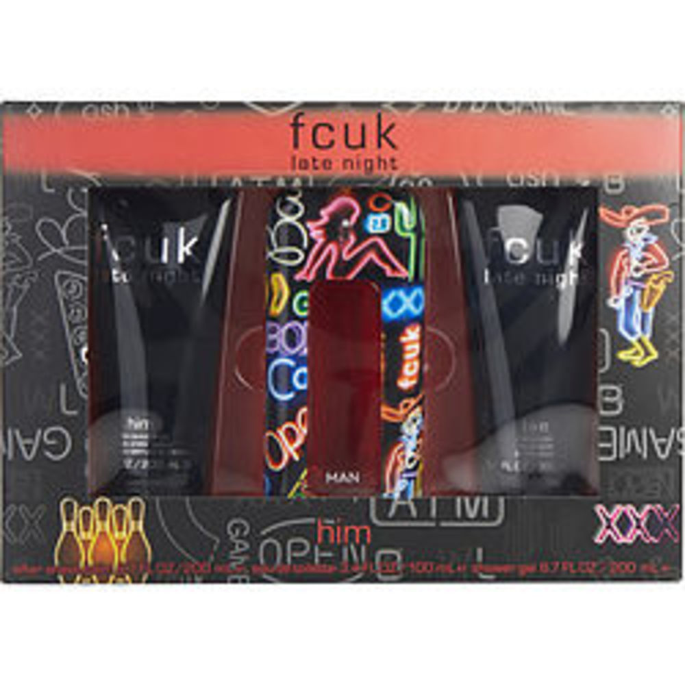 Fcuk Late Night Edt Spray 3.4 Oz and Aftershave Balm 6.7 Oz and Shower Gel 6.7 Oz For Men