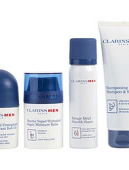 Clarins Men Grooming Essentials Set: Shampoo and Shower Gel 3.6oz+ Smooth Shave Foaming Gel 1.7oz+ Antiperspirant Roll-on 1.7oz + Super Moisture Balm 1.7oz --4pcs For Men