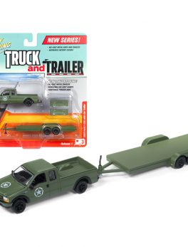 2004 Ford F-250 Army Green with Car Trailer Limited Edition to 4540 pieces Worldwide Truck and Trailer Series 1 1/64 Diecast Model Car by Johnny Lightning JLBT006A-FORD-GREEN