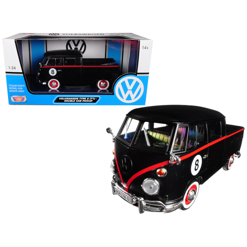 Volkswagen Type 2 (T1) Double Cab Pickup #8 Matt Black 1/24 Diecast Car Model by Motormax 79562MTBK