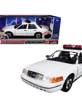 2001 Ford Crown Victoria Police Car Plain White with Flashing Light Bar, Front and Rear Lights and Sounds 1/18 Diecast Model Car by Motormax 73992