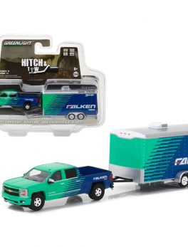 2015 Chevrolet Silverado Pickup Truck and Enclosed Car Hauler Falken Tires Hitch and Tow Series 11 1/64 Diecast Model Car by Greenlight 32110B
