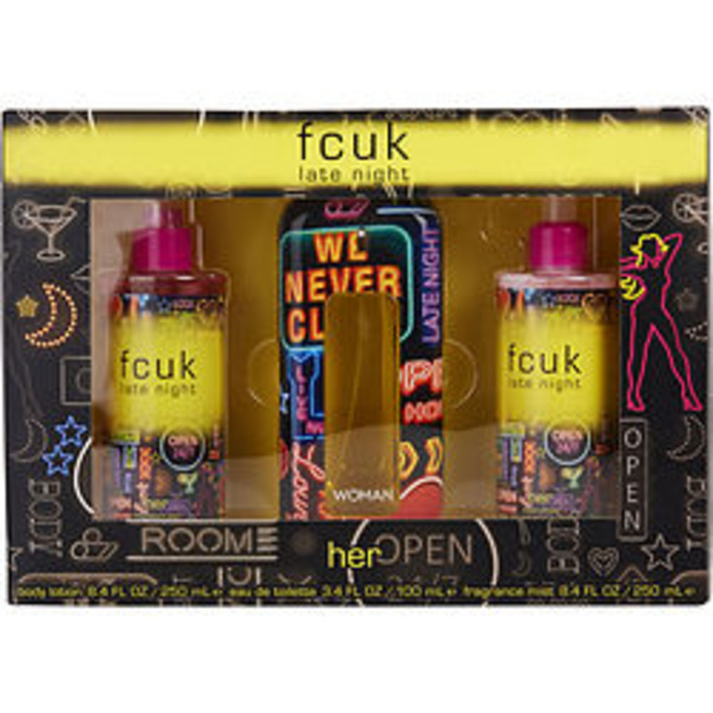 Fcuk Late Night Edt Spray 3.4 Oz and Body Lotion 8.4 Oz and Fragrance Mist 8.4 Oz For Women