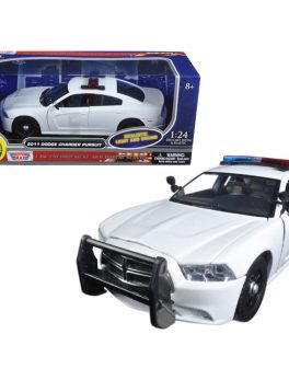 2011 Dodge Charger Pursuit Police Car White with Flashing Light Bar, Front and Rear Lights and 2 Sounds 1/24 Diecast Model Car by Motormax 79532
