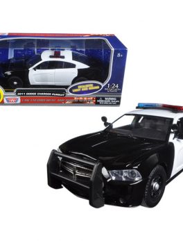 2011 Dodge Charger Pursuit Police Car Black and White with Flashing Light Bar, Front and Rear Lights and 2 Sounds 1/24 Diecast Model Car by Motormax 79533
