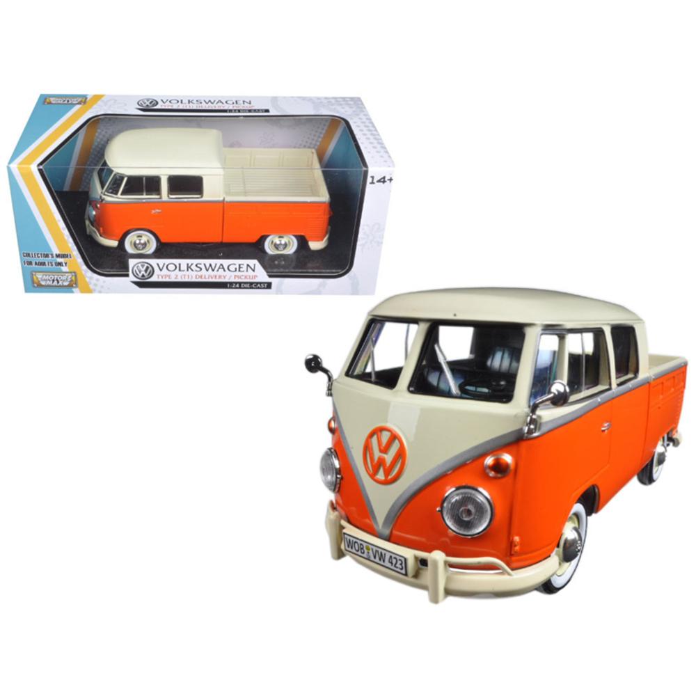Volkswagen Type 2 (T1) Double Cab Pickup Truck Orange/Cream 1/24 Diecast Model Car by Motormax 79343OR-CRM