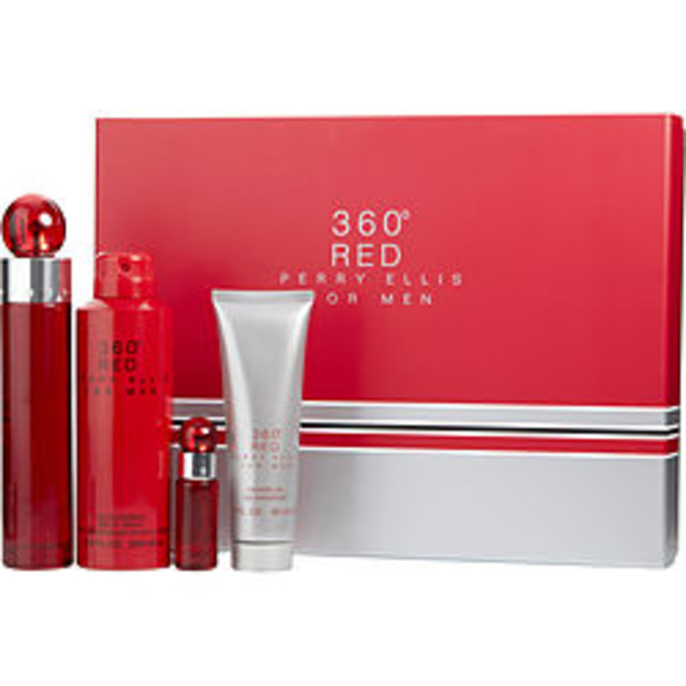 Perry Ellis 360 Red Edt Spray 3.4 Oz and Shower Gel 3 Oz and Deodorant Body Spray 6.8 Oz and Edt Spray.25 Oz Mini For Men