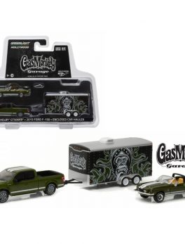 2015 Ford F-150 Pickup Truck Green and 1968 Shelby GT500KR Convertible Green with Enclosed Car Hauler Gas Monkey Garage (2012) TV Series 1/64 Diecast Model Cars by Greenlight 31010A