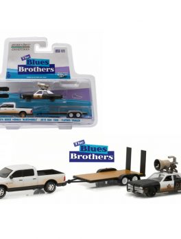 2015 RAM 1500 Pickup Truck and 1974 Dodge Monaco Bluesmobile on Flatbed Trailer Blues Brothers Movie (1980) 1/64 Diecast Model Cars by Greenlight 31010C