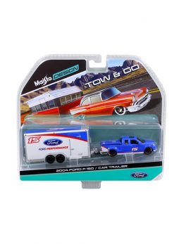 2004 Ford F-150 Pickup Truck #15 Blue and Car Trailer Tow and Go 1/64 Diecast Model by Maisto 15368J