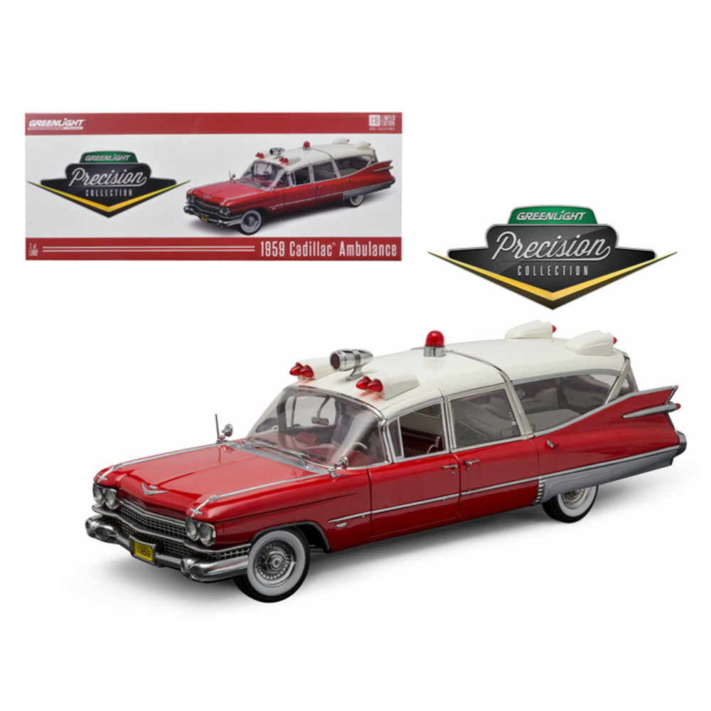 1959 Cadillac Ambulance Red and White Precision Collection 1/18 Diecast Model Car by Greenlight 18001