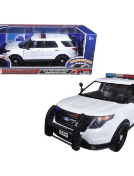 2015 Ford Police Interceptor Utility White with Flashing Light Bar, Front and Rear Lights and 2 Sounds 1/18 Diecast Model Car by Motormax 73995
