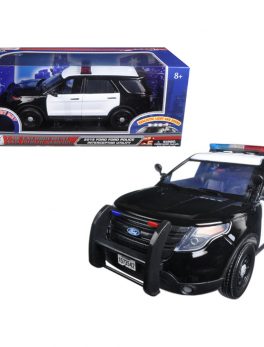 2015 Ford Police Interceptor Utility Black and White with Flashing Light Bar, Front and Rear Lights and 2 Sounds 1/18 Diecast Model Car by Motormax 73996
