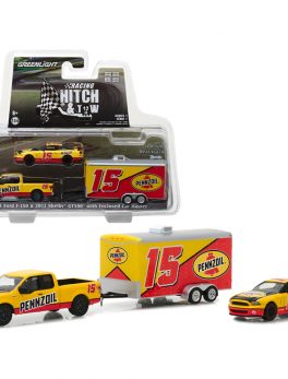 2015 Ford F-150 and 2012 Shelby GT500 Pennzoil with Enclosed Car Hauler Racing Hitch and Tow Series 1 1/64 Diecast Models by Greenlight 31050C